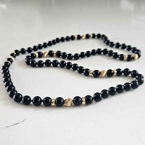 Vintage Solid 14k Yellow Gold 9.5mm Black Onyx Opera Length Necklace 30" - Picture 1 of 4